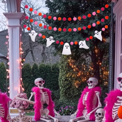 Halloween Felt Ghost Garland - 8.2ft Felt Ball Banners for Party Decoration, Variation of Ghost & Red Pink