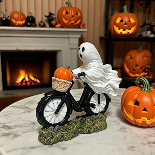 Halloween Ghost Riding Bicycle Figurine with Pumpkin - Table Decor, Party Centerpiece, Seasonal Home Accent - Variation of Bicycle