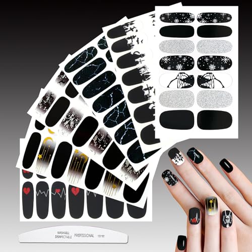 Black White Nail Polish Strips - Halloween Heart Snowflake Moon Marbled Pattern - 20 Sheets - Variation of THIS listing