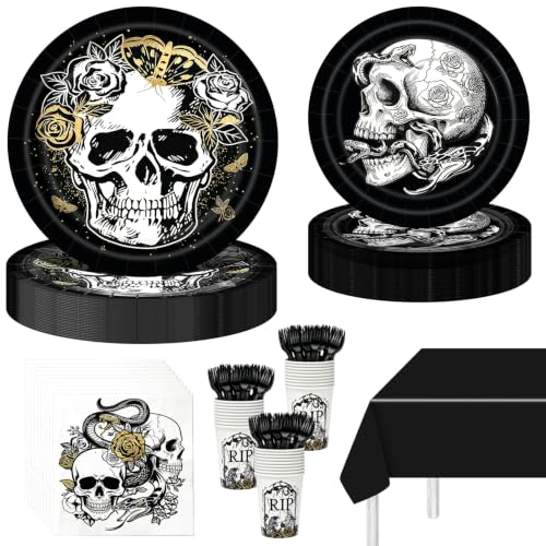 Gothic Halloween Party Tableware Set for 24 Guests - Disposable Plates Cups Napkins & Tablecloth