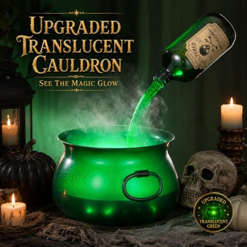 Halloween Magic Cauldron with Floating Potion Bottles, Fog & Glow Effect
