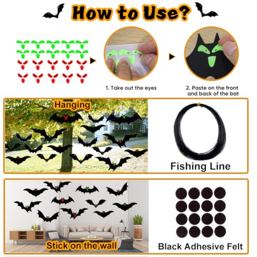 Halloween Hanging Bat Decorations Outdoor - 16 Pack Glowing Eyes Black Variation