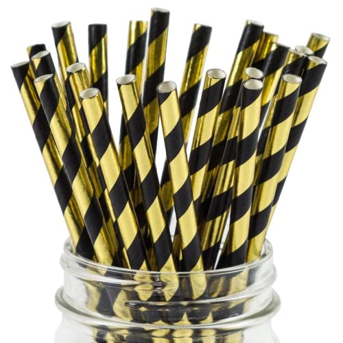 Disposable Black Gold Striped Paper Straws - Gold Black Stripe 100 Pack for Parties