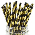 Disposable Black Gold Striped Paper Straws - Gold Black Stripe 100 Pack for Parties