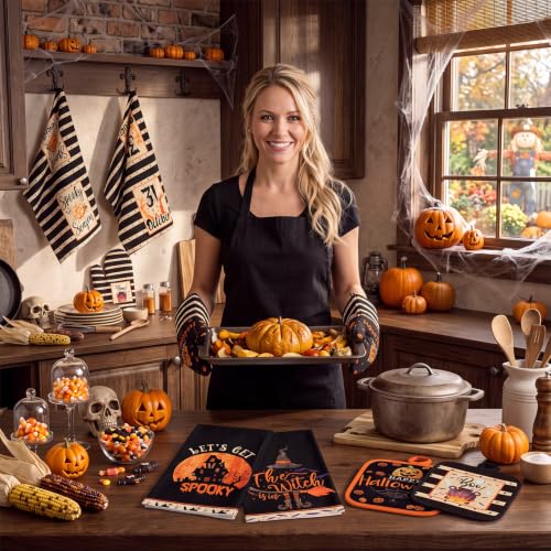 Halloween Kitchen Accessories Set - Spooky Black & Orange, 12 Pieces