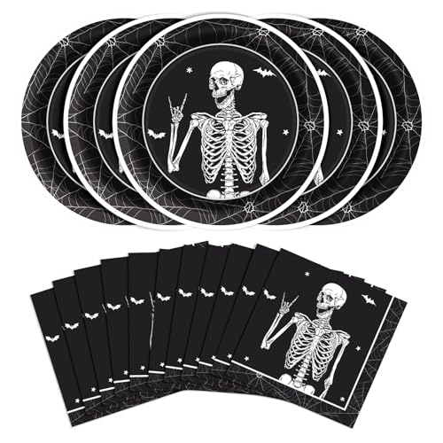 Halloween Paper Plates and Napkins Set - Skeleton Design, 50 Pcs - Halloween