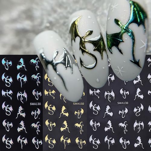 Halloween Nail Stickers for Nail Art Metallic Bat & Dragon Decals 6 Sheets