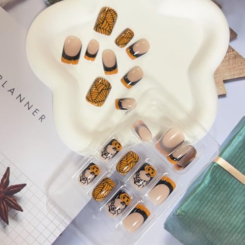 Halloween Fake Nails - Square, Black Spider Web & Pumpkin Press Ons - Style17