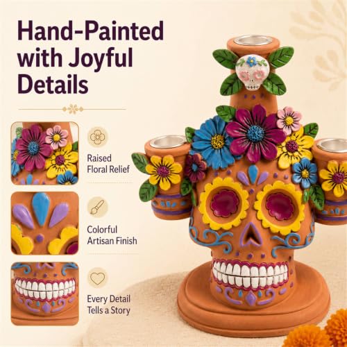 Day of The Dead Taper Candle Holder - Ofrenda Decorations for Altar - Orange