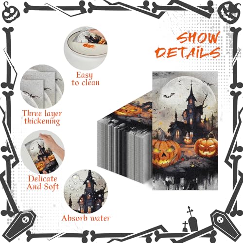 Halloween Guest Napkins 100-Pack - 3-Ply Disposable Pumpkin Castle Design