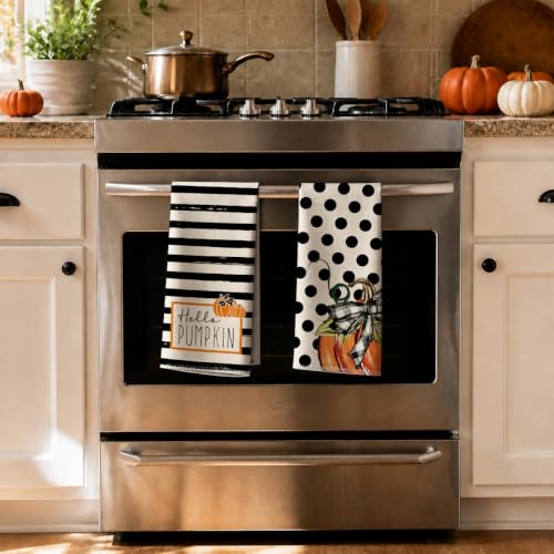 Pumpkins Fall Kitchen Towels Set - 2 Pcs Hand Towels with Pumpkin Bow Variation