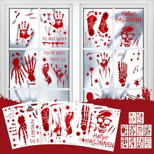 Halloween Bloody Handprint Footprint Window Stickers - 165 pcs Spooky Decor