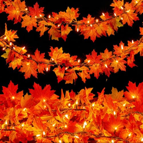9FT Plug-in Fall Garland with 50 Orange Incandescent Lights - Connectable Indoor Outdoor Decor - 1 Pack