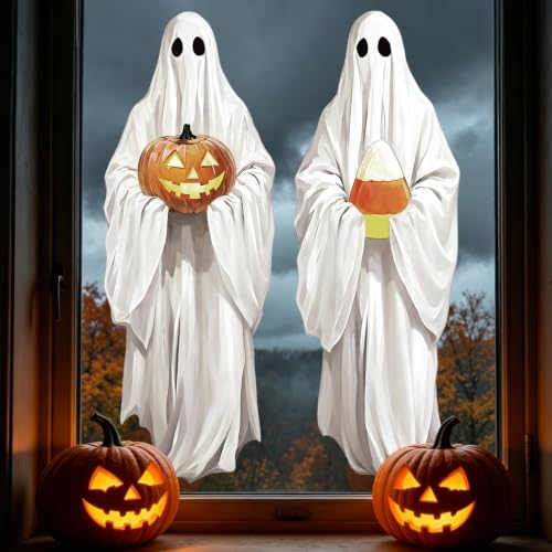 Halloween Ghost Window Clings - Spooky Reusable Stickers for Glass, 3 Pack - Black Cat & Pumpkin Decorations - Variation: Ghost