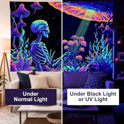 Skeleton UFO Blacklight Tapestry - Psychedelic Gothic Wall Backdrop 78x59 Inch