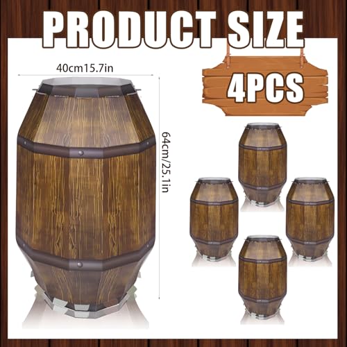 4 Pack Pirate Barrel Party Decorations - Large Cardboard Whiskey Barrels for Western Cowboy & Pirate Themes