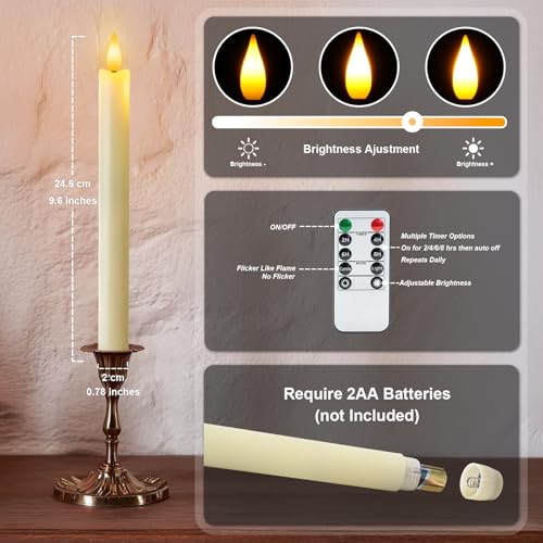 12 Pcs Ivory Flameless Taper Candles with Remote Timer & Dimmer - 9.6 Inch LED Battery Candlesticks for Wedding Home Christmas Decor - Variation: Ivory 12