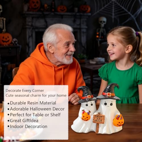 Halloween Cute Ghost Figurine with Pumpkin Candy Bucket - Black Hat Variation