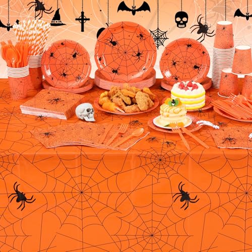 Halloween Spider Web Party Supplies Set with Orange & Black Theme - 452 pcs for 50 Guests
