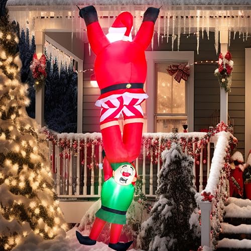 8ft Christmas Inflatable Climbing Santa with Falling Elf & Built-in LED Lights, Outdoor Yard Decor