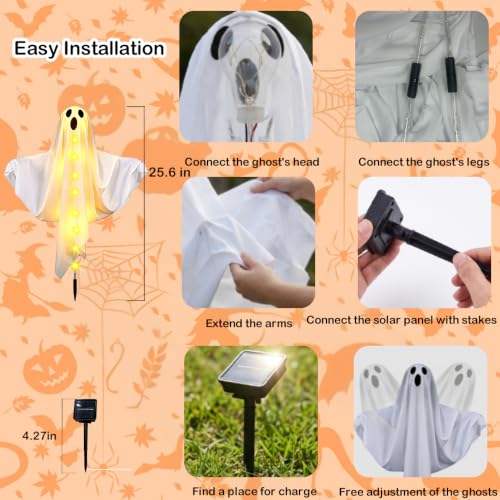 3-Pack Solar Halloween Ghost Pathway Lights with Adjustable Arms - Warm White, Waterproof, 25 Inches Tall