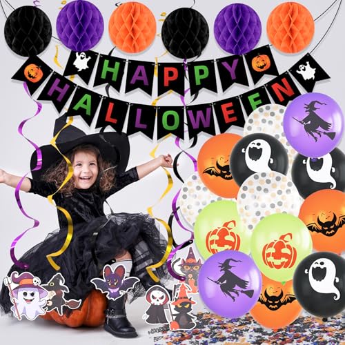 Halloween Decorations Banner Kit with Garland, Honeycomb Balls & Streamers for Party Indoor