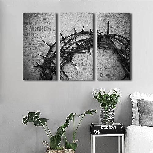 Religious Wall Art Canvas - The Holy Bible Crown Thorns, 3 Panels, 28x14 Each - Black & White Home Decor