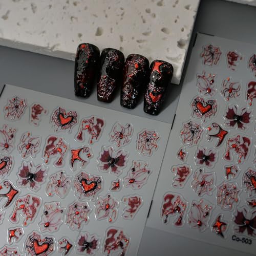 Halloween Nail Stickers 3D Red Spider Web Bat Love Design - Horizontal & Silver Variation