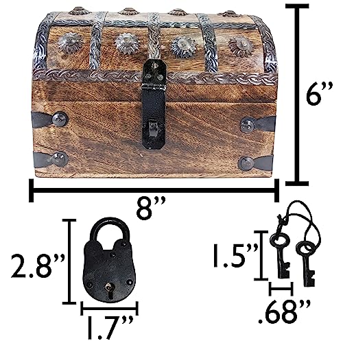Pirate's Treasure Chest Jewelry Box with Lock & 2 Keys - 8x6x6 Inches, Wooden Nautical Decor - 1 Pack