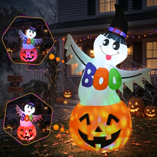 Halloween Inflatable Ghost Pumpkin with Witch Hat & Boo Sign - 6 FT - Kid-Friendly Yard Decor - Variation: Ghost Pumpkin
