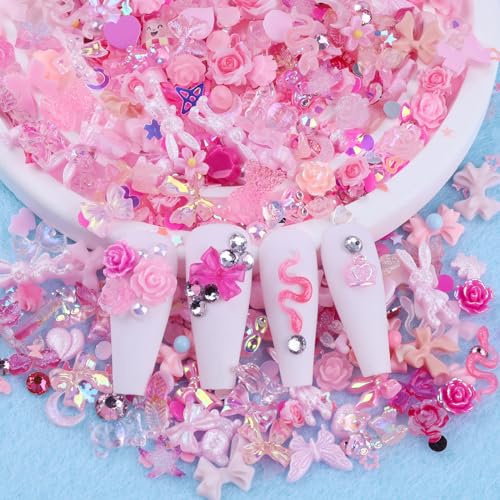 Pink Nail Art Charms Kit - 100pcs Resin Gems & Flatback Rhinestones