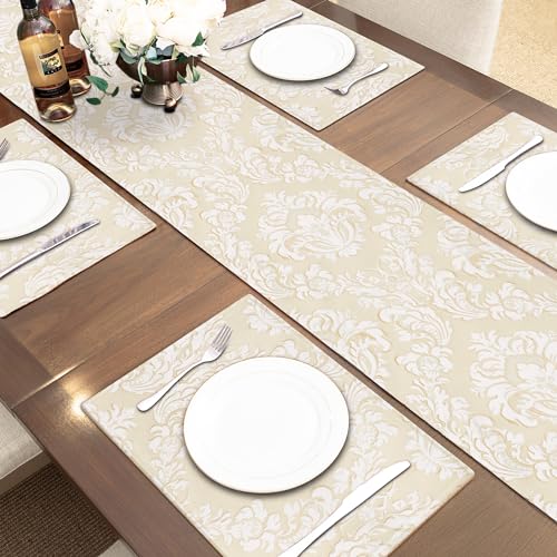 Jacquard Table Runner 108 Inch Long Beige and White Elegant Home Decor - Variation of THIS listing
