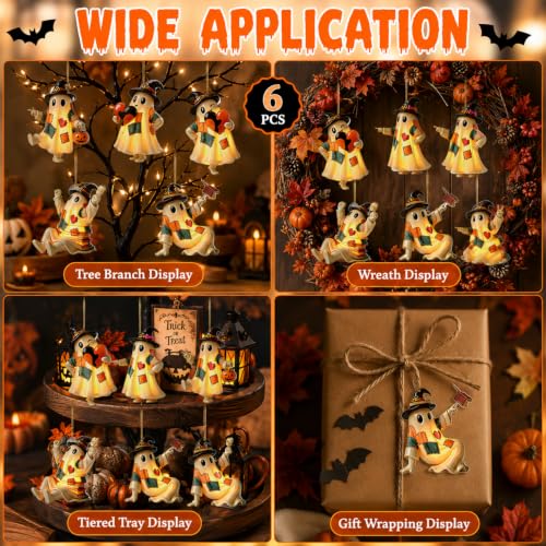 Halloween Ghost Hanging Ornaments Set - 6 Acrylic Patchwork Tree Decorations - Ghost-a-1233