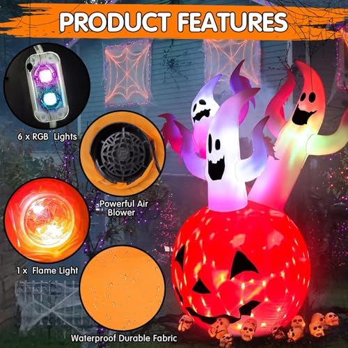 6ft Halloween Inflatable Pumpkin Ghost Yard Decor with RGB Lights and LED Flame