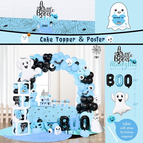 Halloween Baby Shower Decorations Boy - Blue & Black Party Set with Balloons, Backdrop & Cake Toppers