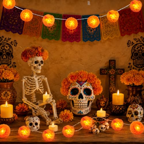 20Ft Orange Marigold Garland String Lights for Day of the Dead Decorations - 30 LEDs