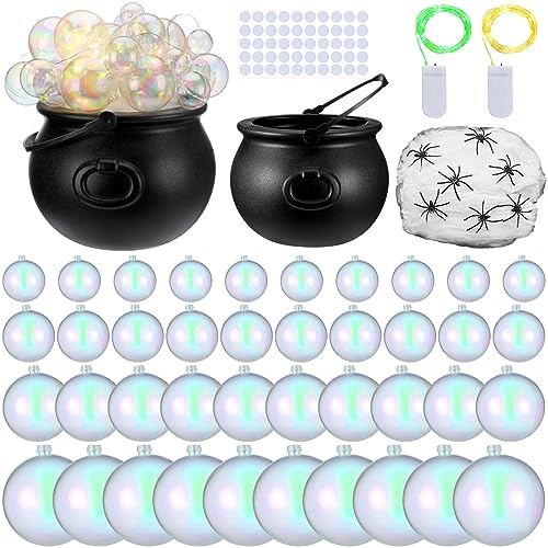 Halloween Bubbling Cauldron Set with 40 Ball Ornaments, Lights, Webs & Spiders - Warm White & Green