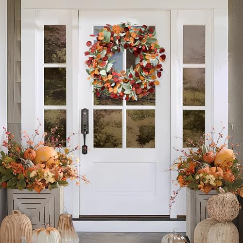 Fall Wreaths for Front Door - 26 Inch Autumn Door Decor with Lambs Ears, Leaves, Pumpkin - Set of 1 (Orange, Red, Green)