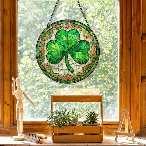 Irish Green Shamrock Sun Catcher - Stained Glass Window Hanging, Lucky Clover Decor - 7.8 Inch - Variation: Shamrock
