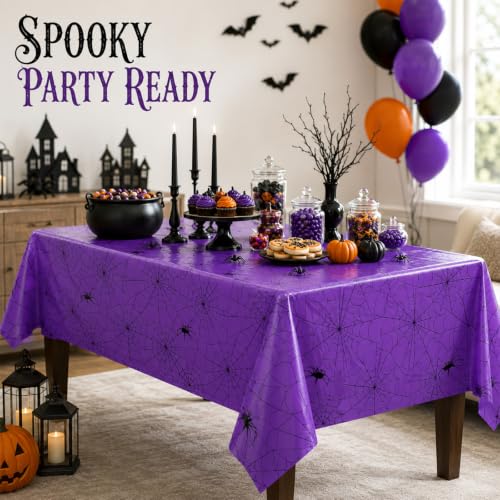 Purple Spider Web Halloween Plastic Tablecloths - Pack of 3, 54x108 Inches