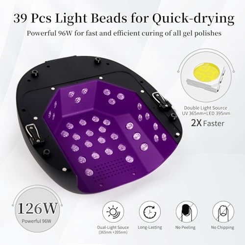 Rechargeable UV LED Nail Lamp - Black, 126W Cordless Gel Dryer with Auto Sensor & 4 Timer Settings
