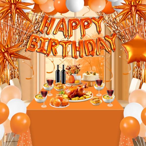 Orange White Birthday Decorations Set with Balloons, Fringe Curtains & Tablecloth - Variation: White Orange