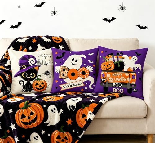 Purple Ghost Cat Halloween Throw Pillow Covers Set of 4 18x18 Style 2