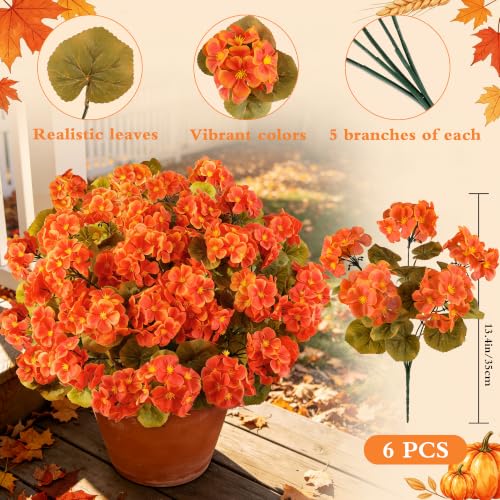Artificial Fall Flowers for Outdoors, 6PCS Silk Orange Geraniums - Autumn Decor