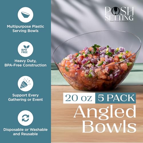 Clear Angled Plastic Serving Bowls 20oz Set of 5 - Medium for Parties