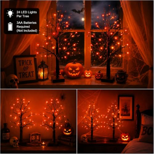 Black Halloween Tabletop Tree Set with Orange LED Lights - 24 Inch, Battery Operated, Indoor Decor