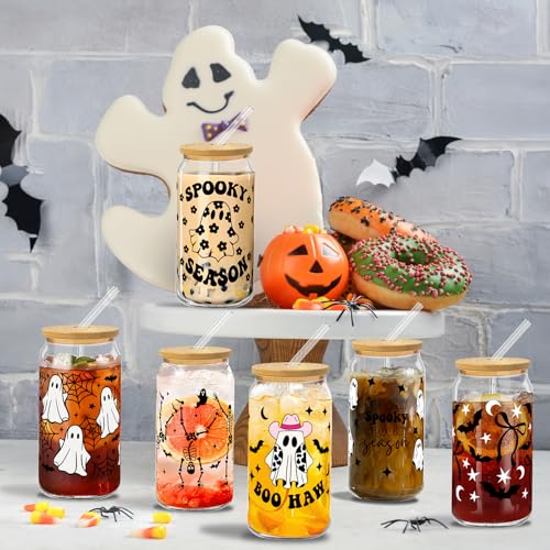 Retro Halloween Skeleton Glass Cups with Lids & Straws - 6 Pack, 16oz