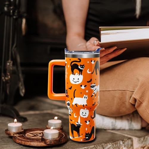 Halloween Black Cats 40oz Tumbler Cup with Handle & Straw - Cat Drinkware Variation 01