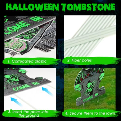 Halloween Tombstone Decorations - Glow in the Dark Outdoor Cemetery Set - 6 Pack with LED Lights - Spooky Yard Decor