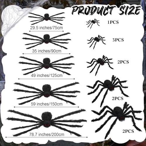 Giant Halloween Spider Decorations Set - 10 Black Plush Spiders with Red Eyes for Outdoor & Indoor Haunted Decor